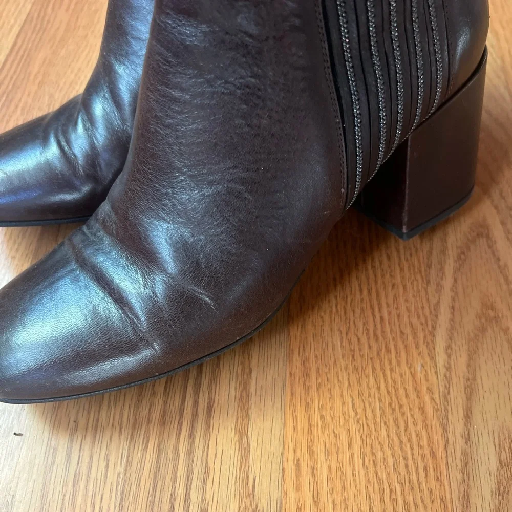 Brunello Cucinelli Chelsea Boots Block Heel Monili Shine Fall Dark Brown Sz 38
